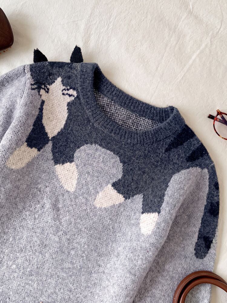 Comfortcana Women's Cute Korean Style Cat Jacquard Long Sleeve Sweater - Grey - View 12