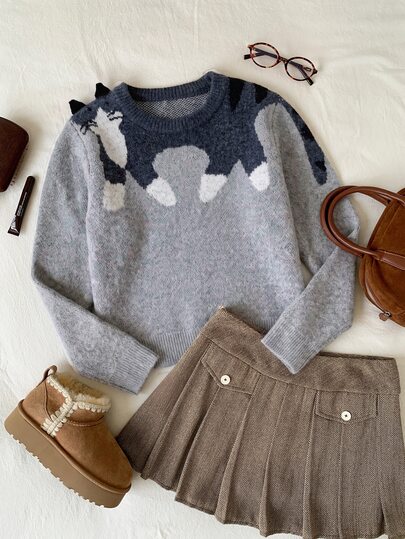 Comfortcana Sweater Lengan Panjang Jacquard Kucing Gaya Korea Lucu untuk Wanita