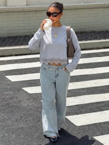 Muchica 女款休閒舒適圓領淺灰色下擺對比蕾絲長袖針織T恤，秋冬款 - 淺灰色 - 查看 6