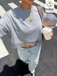 Muchica 女款休閒舒適圓領淺灰色下擺對比蕾絲長袖針織T恤，秋冬款 - 淺灰色 - 查看 4