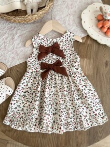 SHEIN Baby Girl 3Months-3Years Dress Outing, 1pc Casual And Cute Daily Style Fall Outfits For Girl, Brown Bowknot Decoration Sleeveless Puffy Dress - White - View 8