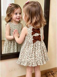 SHEIN Baby Girl 3Months-3Years Dress Outing, 1pc Casual And Cute Daily Style Fall Outfits For Girl, Brown Bowknot Decoration Sleeveless Puffy Dress - White - View 9