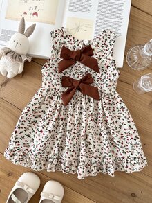 SHEIN Baby Girl 3Months-3Years Dress Outing, 1pc Casual And Cute Daily Style Fall Outfits For Girl, Brown Bowknot Decoration Sleeveless Puffy Dress - White - View 7