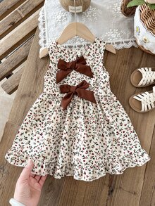 SHEIN Baby Girl 3Months-3Years Dress Outing, 1pc Casual And Cute Daily Style Fall Outfits For Girl, Brown Bowknot Decoration Sleeveless Puffy Dress - White - View 3