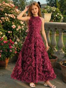少女優雅花童禮服，適合畢業派對、婚禮、舞會與聖誕節，酒紅色花卉細肩帶無袖中長洋裝 - 酒紅色 - 查看 4