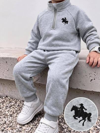 THE HAPPY LOOK Kids Young Boy Gray Casual Comfortable Fashion Minimalist Collar -Zip Long Sleeve Fleece Lined Autumn Winter Top And Elastic Waist Long Sweatpants Set