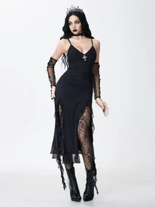 ROMWE Gothic Cross Pendant Hem High Slit Women's Long Dress - Black - View 6