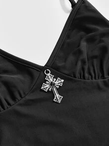 ROMWE Gothic Cross Pendant Hem High Slit Women's Long Dress - Black - View 10