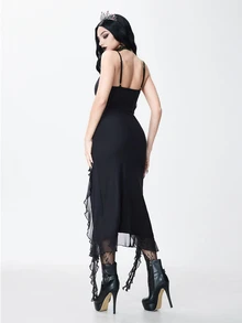 ROMWE Gothic Cross Pendant Hem High Slit Women's Long Dress - Black - View 3