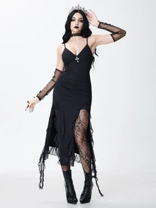 ROMWE Gothic Cross Pendant Hem High Slit Women's Long Dress - Black - View 7