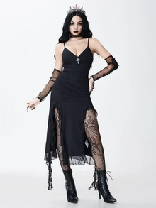 ROMWE Gothic Cross Pendant Hem High Slit Women's Long Dress - Black - View 5