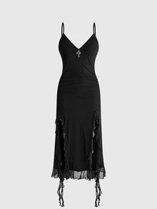 ROMWE Gothic Cross Pendant Hem High Slit Women's Long Dress - Black - View 8