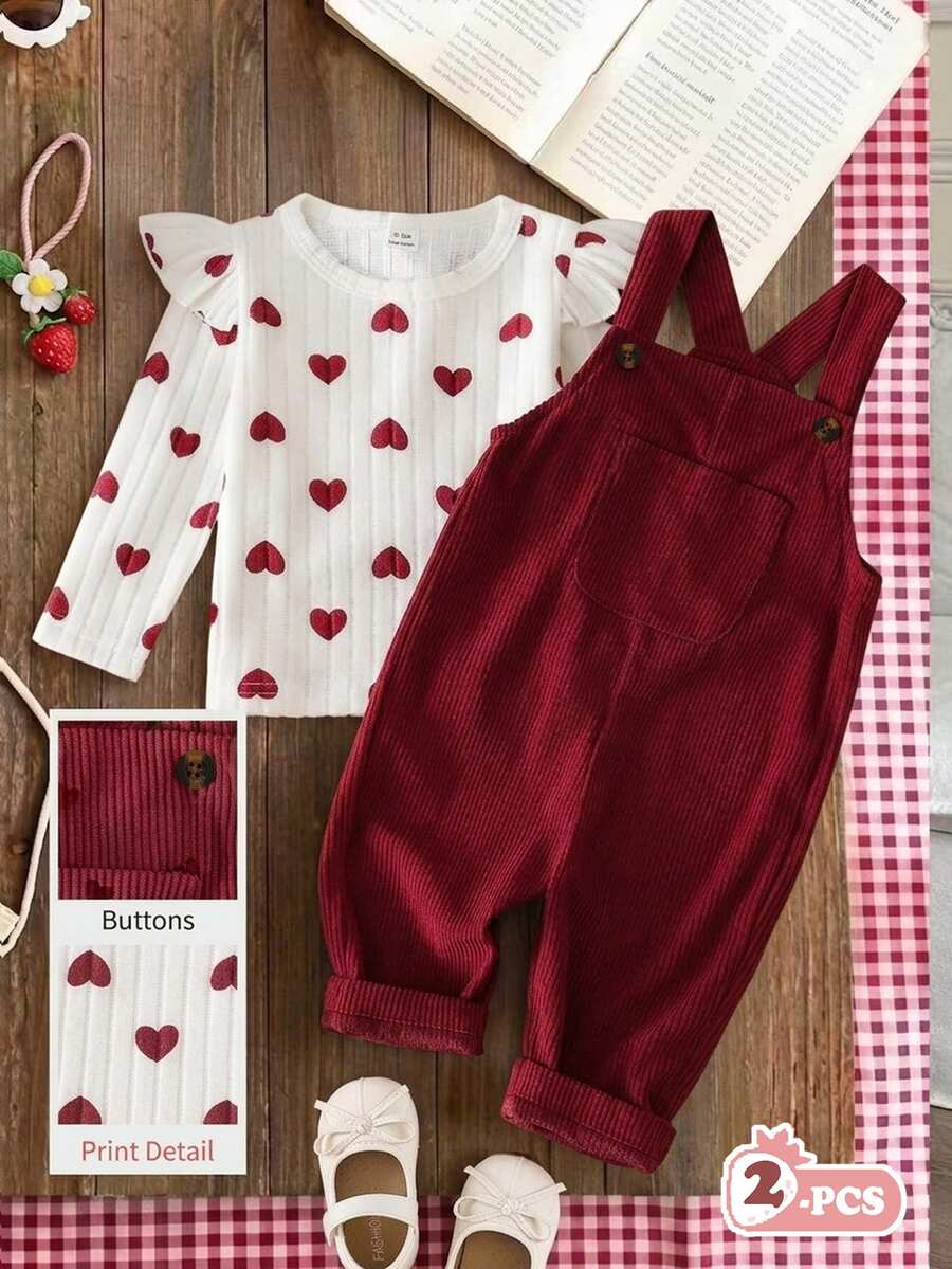 SHEIN Vintaside Kids 2件組幼兒女嬰心形荷葉邊上衣燈芯絨吊帶褲,可愛甜美酒紅色鈕扣長袖圓領,生日派對秋季聖誕穿搭 - 酒紅色 - 查看 1