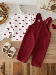 SHEIN Vintaside Kids 2件組幼兒女嬰心形荷葉邊上衣燈芯絨吊帶褲，可愛甜美酒紅色鈕扣長袖圓領，生日派對秋季聖誕穿搭 - 酒紅色 - 查看 2