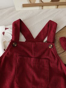 SHEIN Vintaside Kids 2件組幼兒女嬰心形荷葉邊上衣燈芯絨吊帶褲，可愛甜美酒紅色鈕扣長袖圓領，生日派對秋季聖誕穿搭 - 酒紅色 - 查看 4