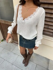 FavEase 女款秋冬休閒百搭蕾絲飾邊拼接鏤空針織上衣 - 彩色 - 查看 7