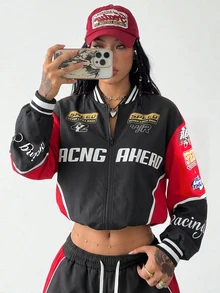Coolane Women's & Men's Fall/Winter Streetwear Going Out Casual Hip-Hop Game Day Graphics Black Bomber Jacket,Race Car Jacket,Couple Costumes - Multicolor - View 1
