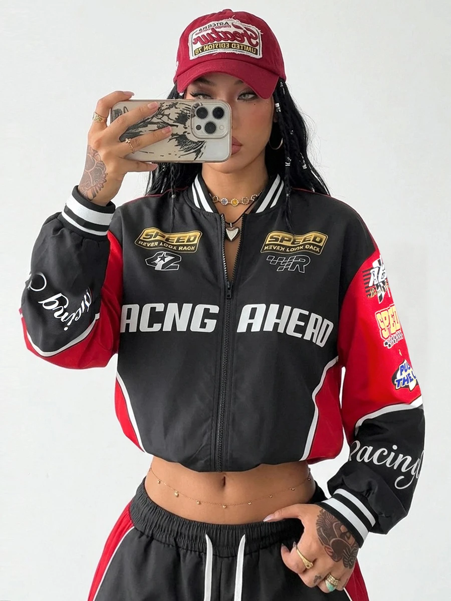 Coolane Women's & Men's Fall/Winter Streetwear Going Out Casual Hip-Hop Game Day Graphics Black Bomber Jacket,Race Car Jacket,Couple Costumes - Multicolor - View 1