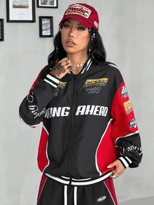 Coolane Women's & Men's Fall/Winter Streetwear Going Out Casual Hip-Hop Game Day Graphics Black Bomber Jacket,Race Car Jacket,Couple Costumes - Multicolor - View 6