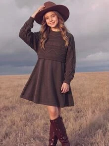 Girls' Heavy Cable Knit Casual Loose Long Sleeve Sweater Dress Autumn Winter - Coffee Brown - View 9