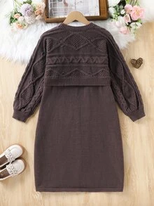 Girls' Heavy Cable Knit Casual Loose Long Sleeve Sweater Dress Autumn Winter - Coffee Brown - View 3
