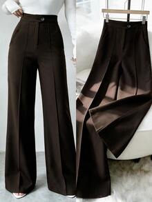 EURMUSE Petite Size Women's Pocket Pants, Business Suit Pants - Chocolate Brown - View 2