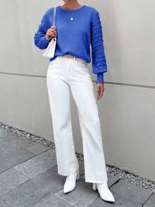 EURMUSE Women's Solid Color Simple Crew Neck Long Sleeve Sweater - Blue - View 3