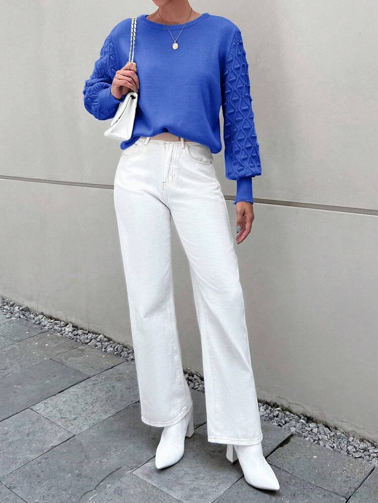 EURMUSE Women's Solid Color Simple Crew Neck Long Sleeve Sweater - Blue - View 3