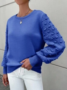 EURMUSE Women's Solid Color Simple Crew Neck Long Sleeve Sweater - Blue - View 4