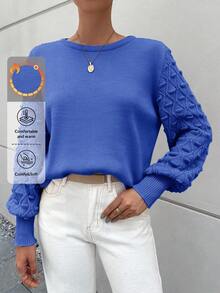 EURMUSE Women's Solid Color Simple Crew Neck Long Sleeve Sweater - Blue - View 6