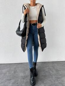 SHEIN Tall سترة مبطنة طويلة الحجم بسحاب ورباط قابل للسحب بغطاء رأس، مناسبة للسفر والمطار - الأسود - مشاهدة 7
