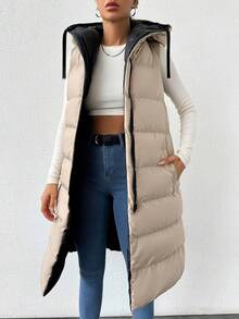 SHEIN Tall سترة مبطنة طويلة الحجم بسحاب ورباط قابل للسحب بغطاء رأس، مناسبة للسفر والمطار - الأسود - مشاهدة 4
