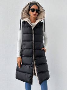 SHEIN Tall سترة مبطنة طويلة الحجم بسحاب ورباط قابل للسحب بغطاء رأس، مناسبة للسفر والمطار - الأسود - مشاهدة 6