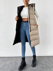 SHEIN Tall سترة مبطنة طويلة الحجم بسحاب ورباط قابل للسحب بغطاء رأس، مناسبة للسفر والمطار - الأسود - مشاهدة 3