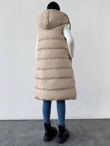 SHEIN Tall سترة مبطنة طويلة الحجم بسحاب ورباط قابل للسحب بغطاء رأس، مناسبة للسفر والمطار - الأسود - مشاهدة 5