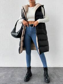 SHEIN Tall سترة مبطنة طويلة الحجم بسحاب ورباط قابل للسحب بغطاء رأس، مناسبة للسفر والمطار - الأسود - مشاهدة 8
