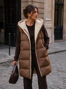 SHEIN Cottnline Women's Solid Color Zipper Hooded Padded Vest Coat, Mid-Length - Brown - View 2