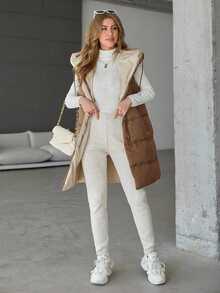 SHEIN Cottnline Women's Solid Color Zipper Hooded Padded Vest Coat, Mid-Length - Brown - View 8