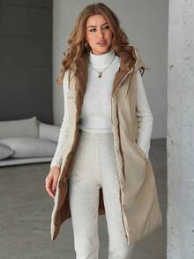SHEIN Cottnline Women's Solid Color Zipper Hooded Padded Vest Coat, Mid-Length - Brown - View 5