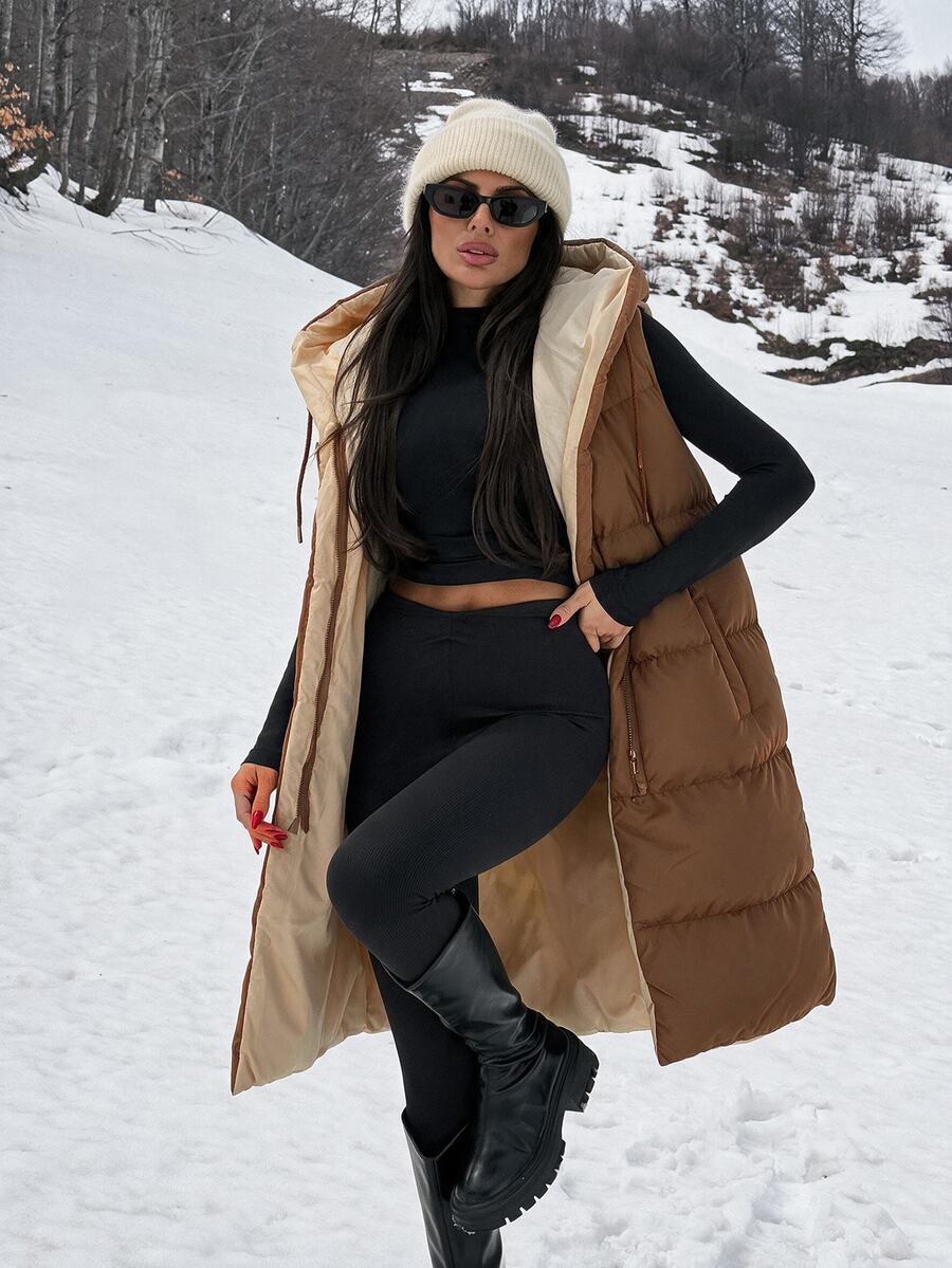 SHEIN Cottnline Women's Solid Color Zipper Hooded Padded Vest Coat, Mid-Length - Brown - View 1
