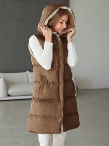 SHEIN Cottnline Women's Solid Color Zipper Hooded Padded Vest Coat, Mid-Length - Brown - View 3
