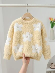 SHEIN Vintaside Kids 女童針織套頭毛衣，柔軟標準版型圓領休閒優雅度假花卉日常穿搭家庭聚會萬聖節聖誕節套頭毛衣 - 黃色 - 查看 3