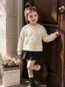 SHEIN Vintaside Kids 女童針織套頭毛衣，柔軟標準版型圓領休閒優雅度假花卉日常穿搭家庭聚會萬聖節聖誕節套頭毛衣 - 黃色 - 查看 9