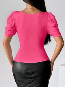INAWLY Fitted Sexy V-Neck Zipper Front Short Sleeve T-Shirt - Hot Pink - View 2