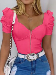 INAWLY Fitted Sexy V-Neck Zipper Front Short Sleeve T-Shirt - Hot Pink - View 1
