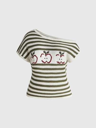 ROMWE Kawaii Cute Mori Style Apple Pattern Asymmetrical Shoulder Fitted Plus Size Knit Top