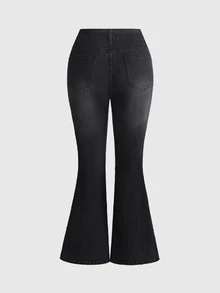 ROMWE Fairycore Plus Size Mori Style Floral Rabbit Butterfly Print Butt Lifting Slimming Tight Flare Pants - Black - View 4