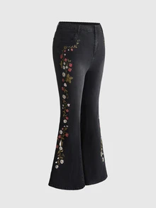 ROMWE Fairycore Plus Size Mori Style Floral Rabbit Butterfly Print Butt Lifting Slimming Tight Flare Pants - Black - View 1