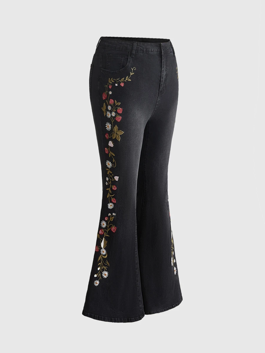 ROMWE Fairycore Plus Size Mori Style Floral Rabbit Butterfly Print Butt Lifting Slimming Tight Flare Pants - Black - View 1