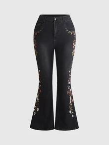 ROMWE Fairycore Plus Size Mori Style Floral Rabbit Butterfly Print Butt Lifting Slimming Tight Flare Pants - Black - View 3